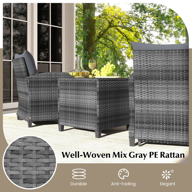 5 Piece Patio Rattan Furniture with 2 Ottomans and Tempered Glass Coffee Table-Gray