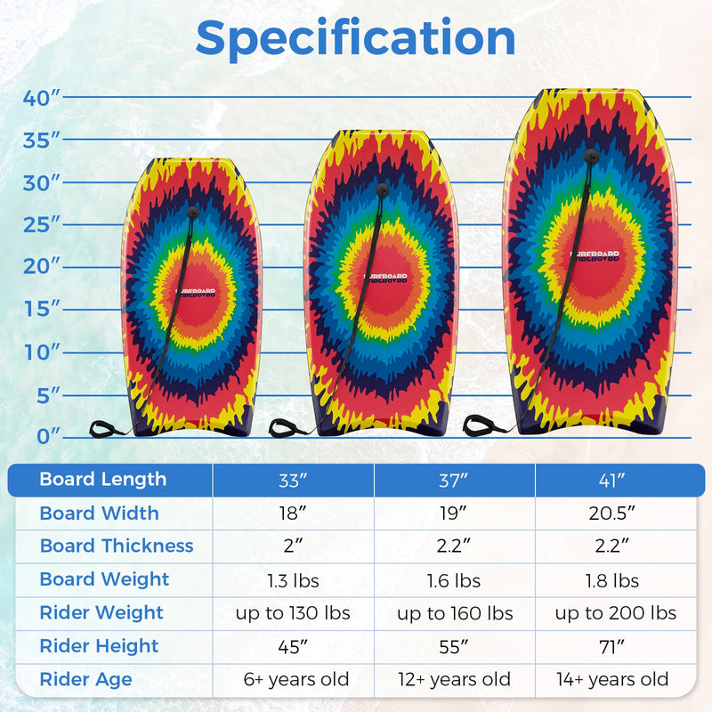 33/37/41 Inches Lightweight Body Board Boogie Board with EPS Core XPE Deck HDPE Bottom Multicolor3-M