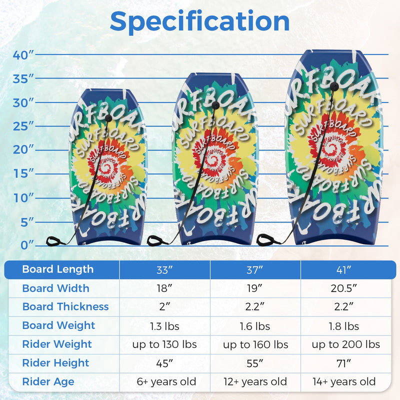 33/37/41 Inches Lightweight Body Board Boogie Board with EPS Core XPE Deck HDPE Bottom Multicolor4-M