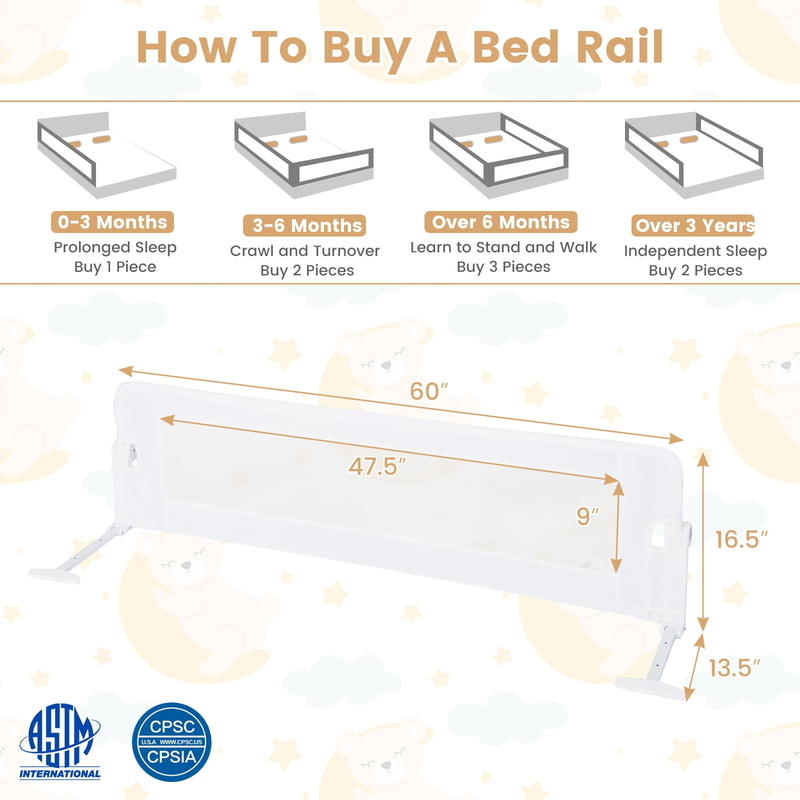 60-Inch Foldable Bed Rail Swing Down Baby Bed Guard Rail with Adjustable Safety Strap-White