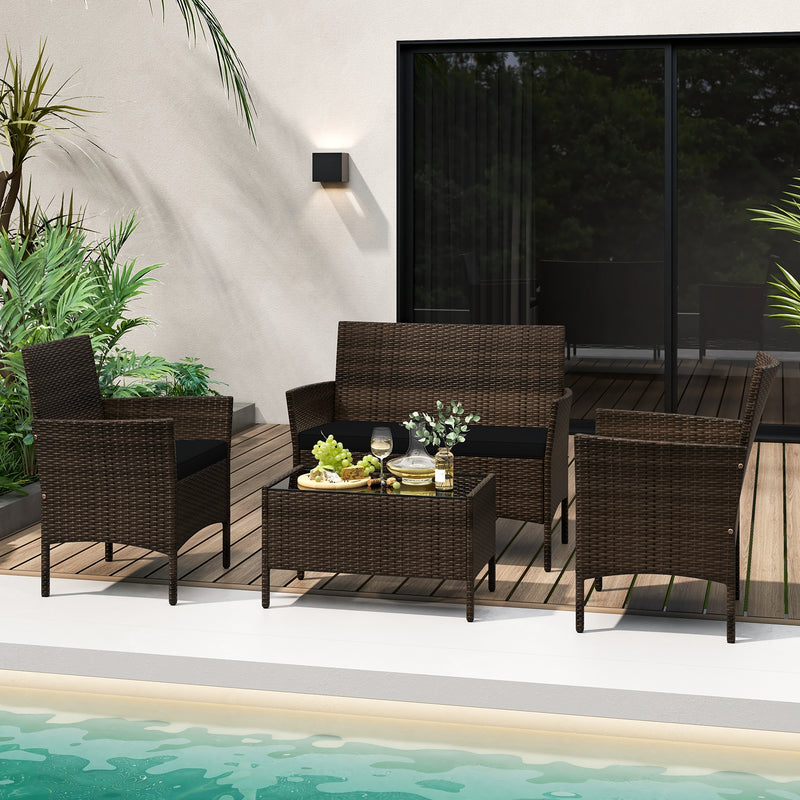 4 Piece Patio Rattan Conversation Set with Cozy Seat Cushions-Black