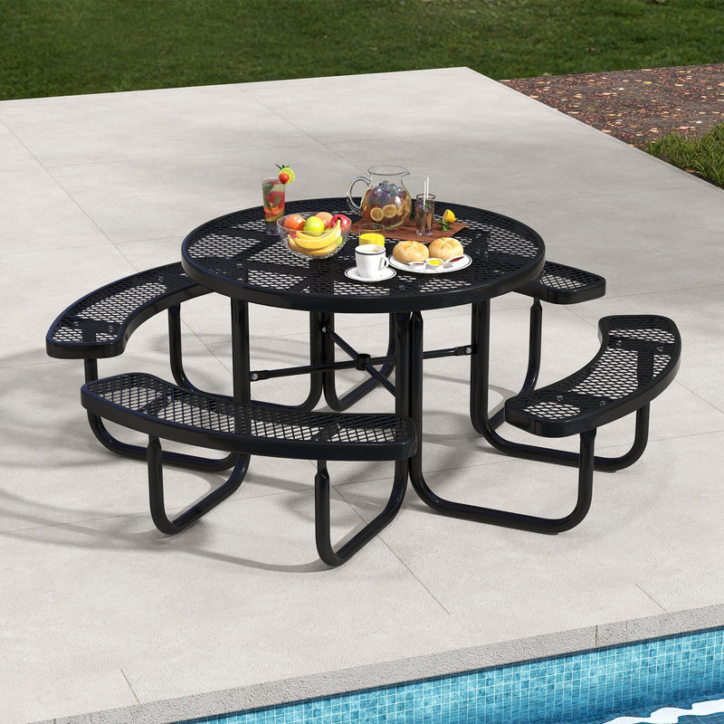 45 Inches Outdoor Round Picnic Table and Bench Set for 8 with Umbrella Hole-Black