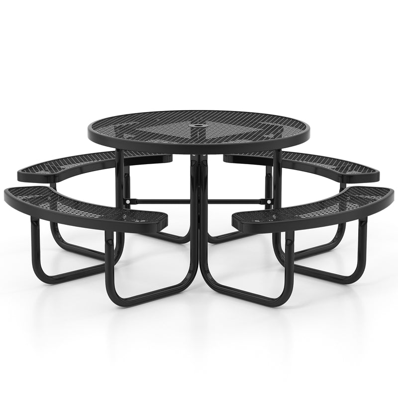 45 Inches Outdoor Round Picnic Table and Bench Set for 8 with Umbrella Hole-Black