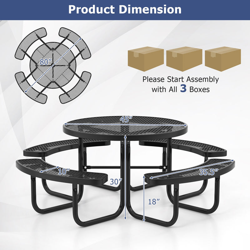 45 Inches Outdoor Round Picnic Table and Bench Set for 8 with Umbrella Hole-Black