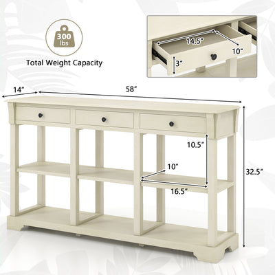 58 Inch Retro Console Table with 3 Drawers and Open Shelves Rectangular Entryway Table-White