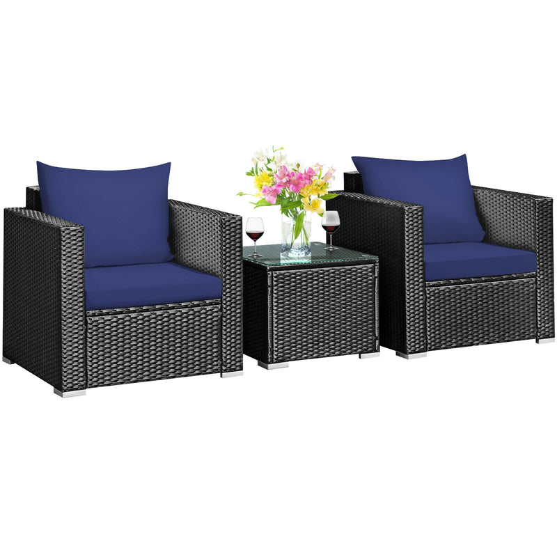 3 Pieces Patio Wicker Furniture Set with Cushion-Navy