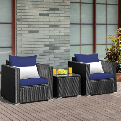 3 Pieces Patio Wicker Furniture Set with Cushion-Navy