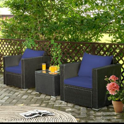 3 Pieces Patio Wicker Furniture Set with Cushion-Navy