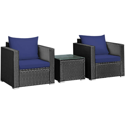 3 Pieces Patio Wicker Furniture Set with Cushion-Navy