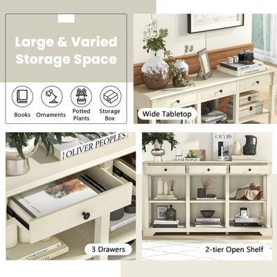 58 Inch Retro Console Table with 3 Drawers and Open Shelves Rectangular Entryway Table-White