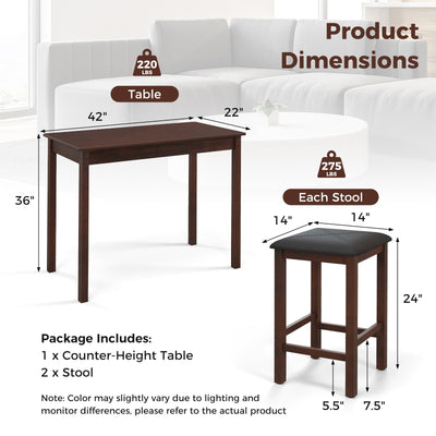 Pub Counter-Height Dining Table and 2 Upholstered Bar Stools-Brown