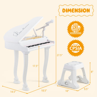 37 Keys Kids Piano Keyboard with Stool and Piano Lid-White