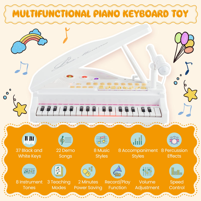 37 Keys Kids Piano Keyboard with Stool and Piano Lid-White