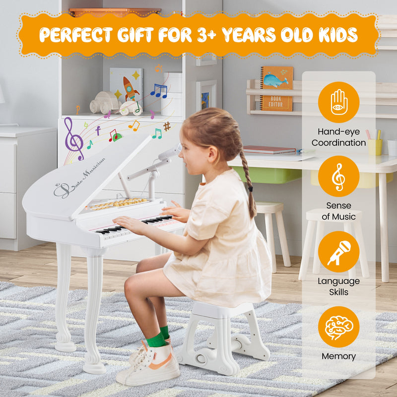 37 Keys Kids Piano Keyboard with Stool and Piano Lid-White