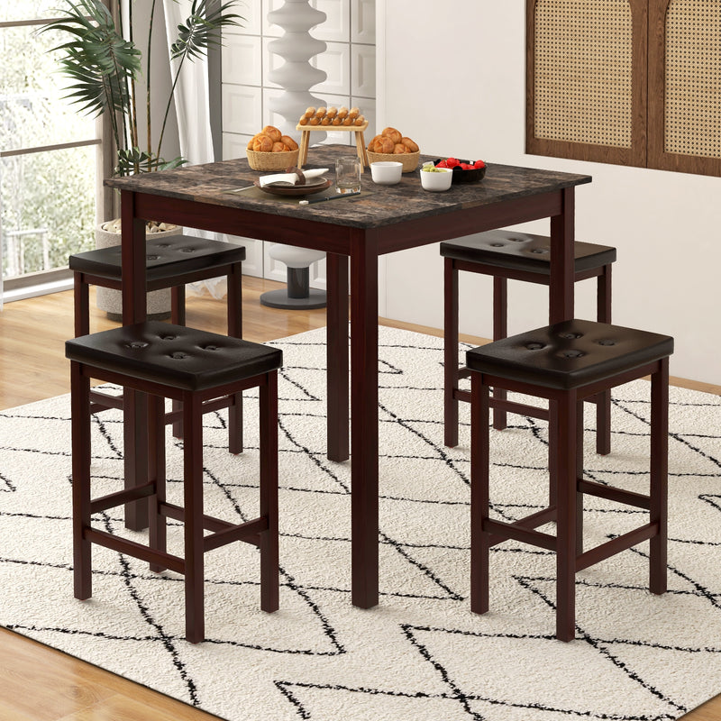 5 Pieces Bar Table Set Counter-Height Dining Table and 4 Bar Stools-Brown