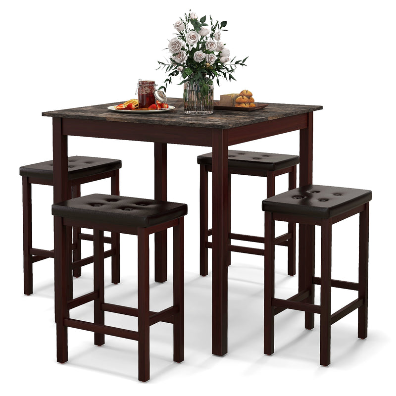 5 Pieces Bar Table Set Counter-Height Dining Table and 4 Bar Stools-Brown