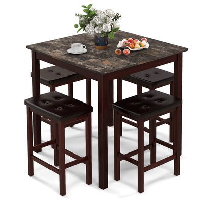 5 Pieces Bar Table Set Counter-Height Dining Table and 4 Bar Stools-Brown