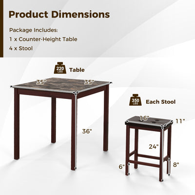 5 Pieces Bar Table Set Counter-Height Dining Table and 4 Bar Stools-Brown