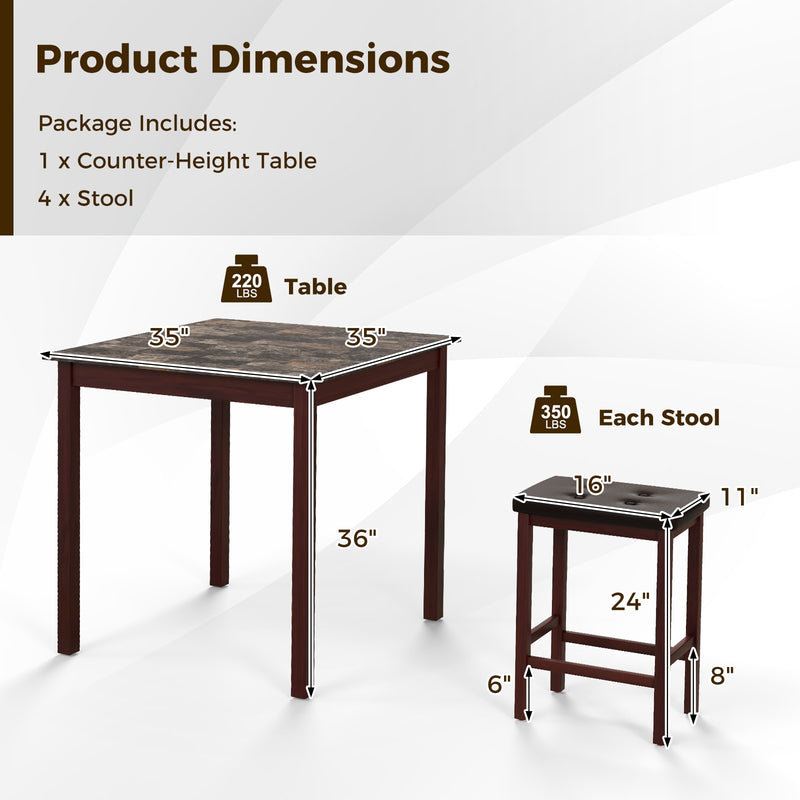 5 Pieces Bar Table Set Counter-Height Dining Table and 4 Bar Stools-Brown