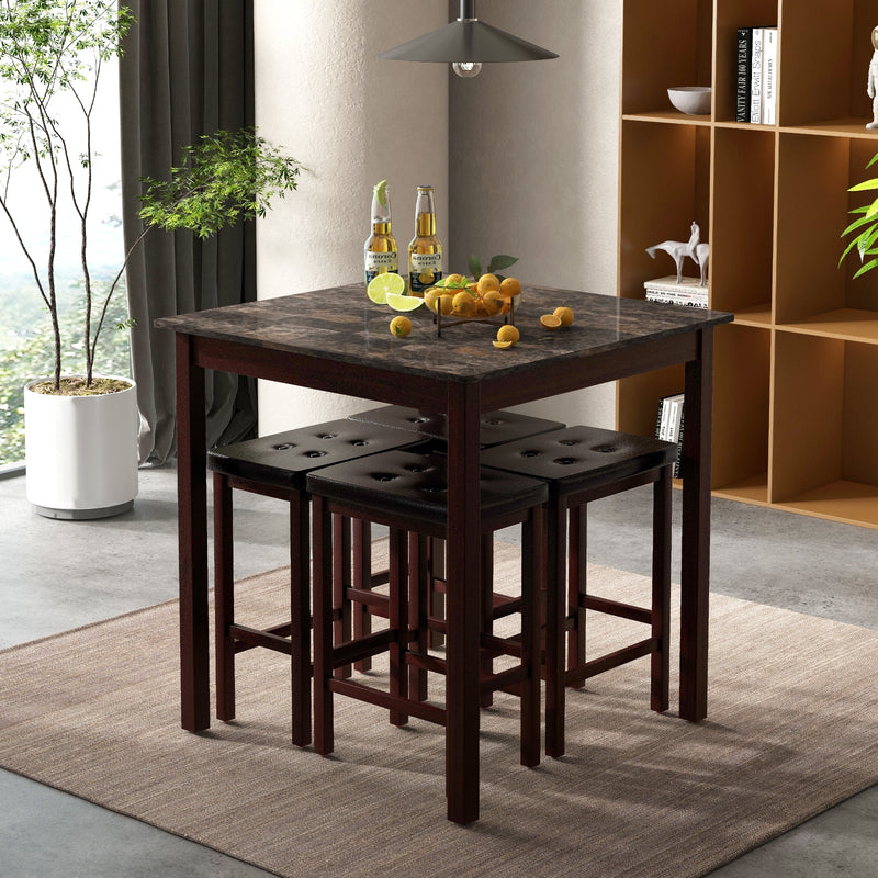 5 Pieces Bar Table Set Counter-Height Dining Table and 4 Bar Stools-Brown