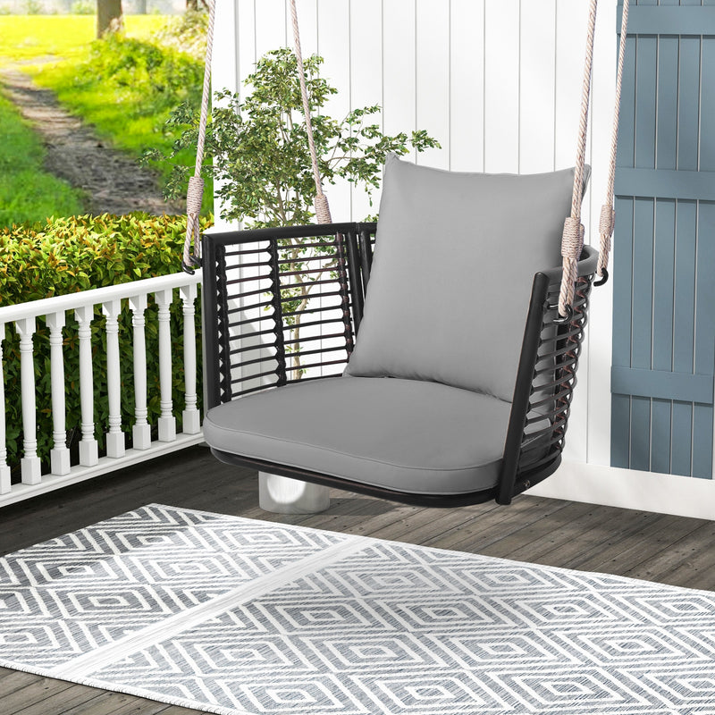 Single Person Hanging Seat with Woven Rattan Backrest for Backyard-Gray