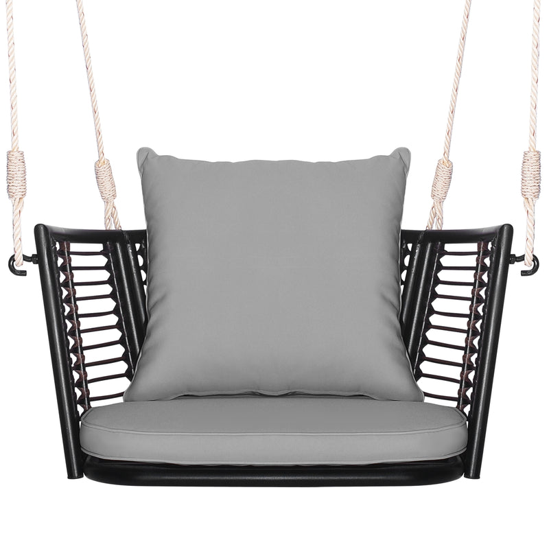 Single Person Hanging Seat with Woven Rattan Backrest for Backyard-Gray