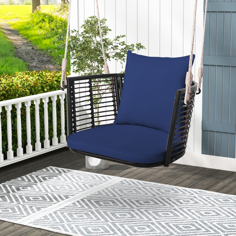 Single Person Hanging Seat with Woven Rattan Backrest for Backyard-Blue