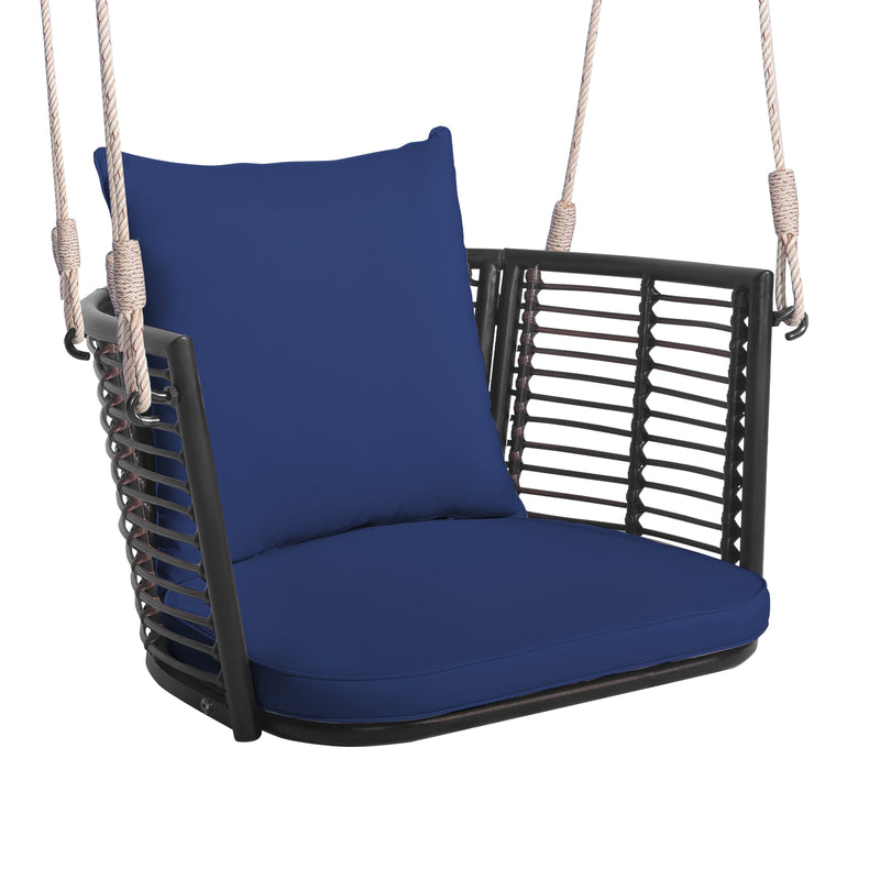 Single Person Hanging Seat with Woven Rattan Backrest for Backyard-Blue