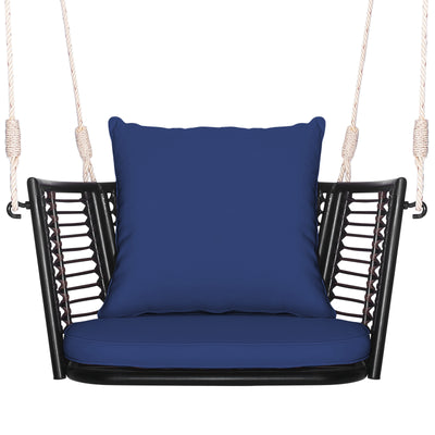 Single Person Hanging Seat with Woven Rattan Backrest for Backyard-Blue