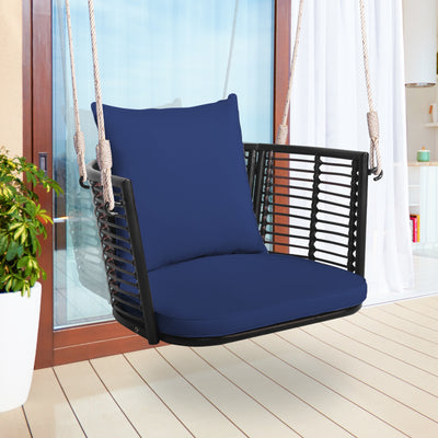 Single Person Hanging Seat with Woven Rattan Backrest for Backyard-Blue