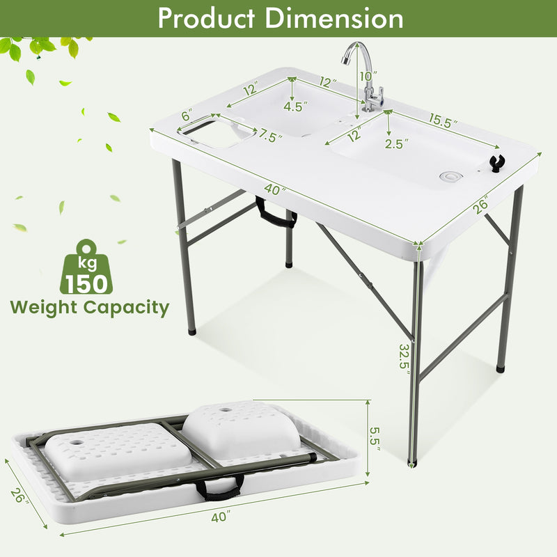 Fish Cleaning Table with 2 Sinks and 360° Rotatable Fauce-White