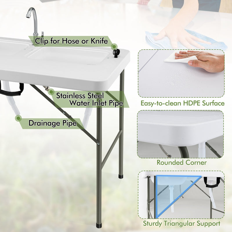 Fish Cleaning Table with 2 Sinks and 360° Rotatable Fauce-White