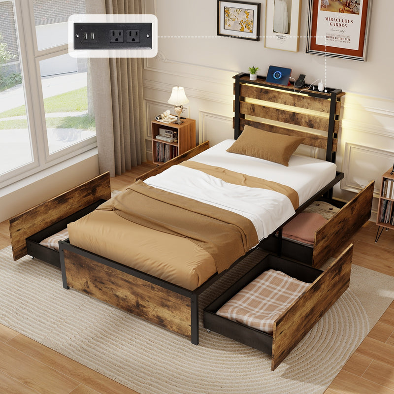 Full/Queen/Twin Size Bed Frame with Drawers LED Lights and USB Ports-Twin Size