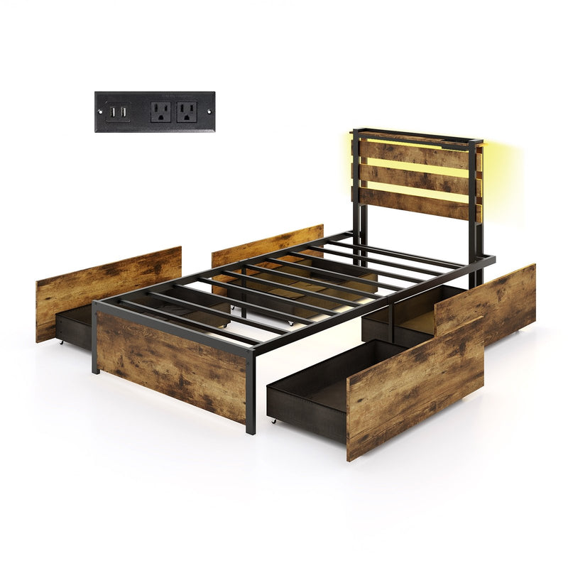 Full/Queen/Twin Size Bed Frame with Drawers LED Lights and USB Ports-Twin Size