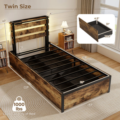 Full/Queen/Twin Size Bed Frame with Drawers LED Lights and USB Ports-Twin Size