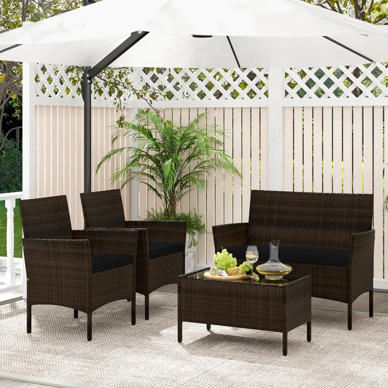 4 Piece Patio Rattan Conversation Set with Cozy Seat Cushions-Black