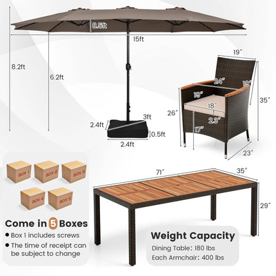 11 Pieces Patio Dining Set with 15 Feet Double-Sided Patio Umbrella and Base-Coffee