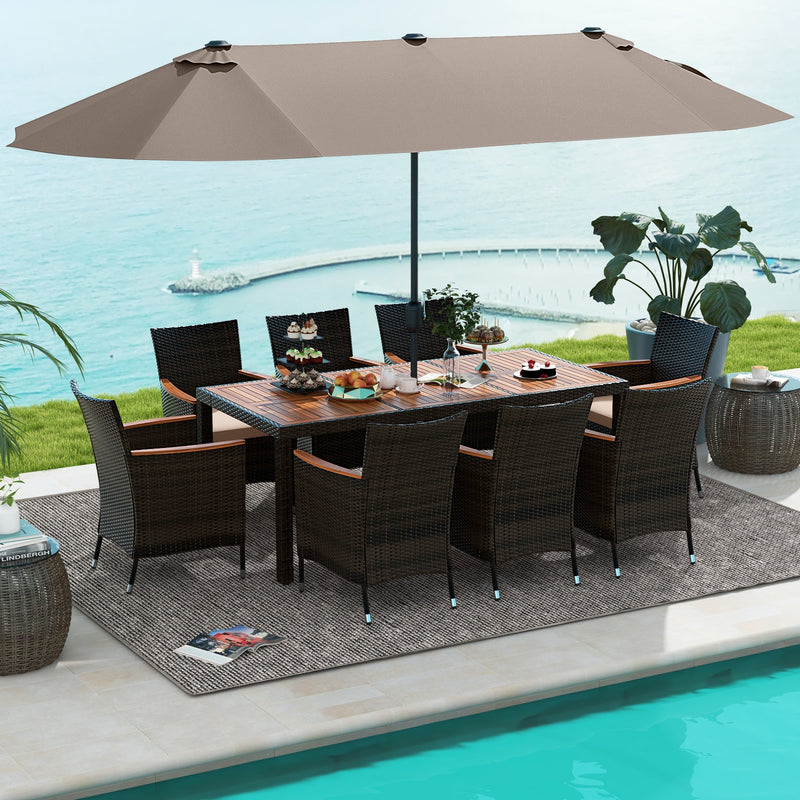 11 Pieces Patio Dining Set with 15 Feet Double-Sided Patio Umbrella and Base-Coffee