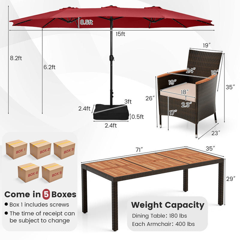 11 Pieces Patio Dining Set with 15 Feet Double-Sided Patio Umbrella and Base-Wine