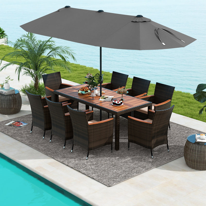 11 Pieces Patio Dining Set with 15 Feet Double-Sided Patio Umbrella and Base-Gray