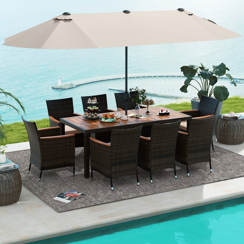 11 Pieces Patio Dining Set with 15 Feet Double-Sided Patio Umbrella and Base-Beige