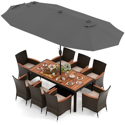 11 Pieces Patio Dining Set with 15 Feet Double-Sided Patio Umbrella and Base-Gray