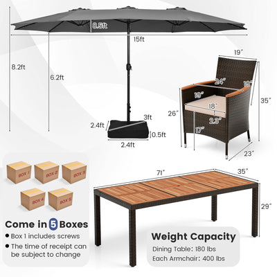 11 Pieces Patio Dining Set with 15 Feet Double-Sided Patio Umbrella and Base-Gray