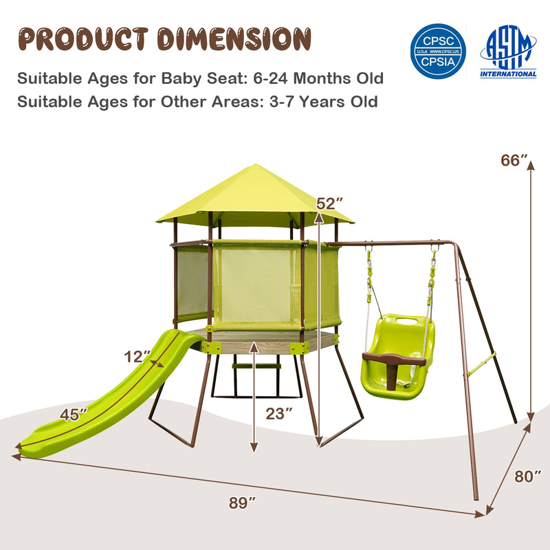 4-in-1 Swing Set with Covered Playhouse Fort and Height Adjustable Baby Seat-Green