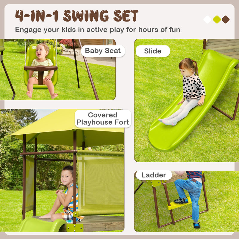 4-in-1 Swing Set with Covered Playhouse Fort and Height Adjustable Baby Seat-Green