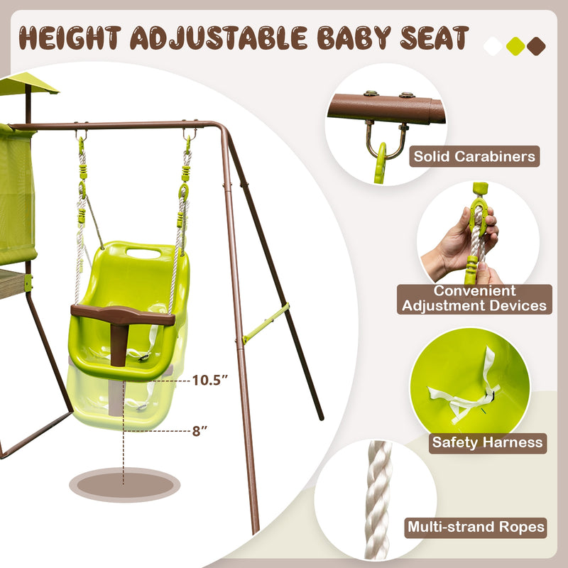 4-in-1 Swing Set with Covered Playhouse Fort and Height Adjustable Baby Seat-Green