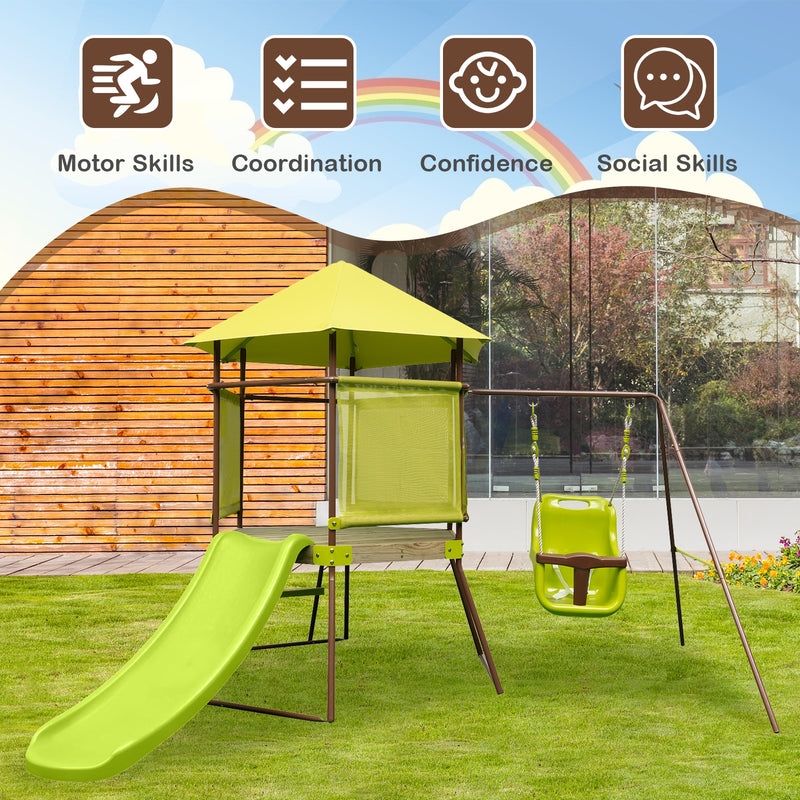 4-in-1 Swing Set with Covered Playhouse Fort and Height Adjustable Baby Seat-Green