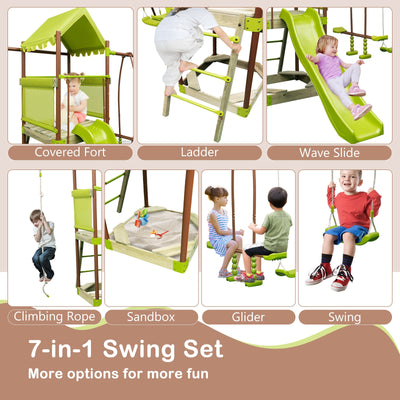 7-in-1 Kids Outdoor Metal Playset with Wave Slide and Climbing Rope-Green