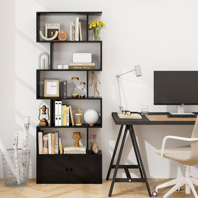 6-Tier S-Shaped Freestanding Bookshelf with Cabinet and Doors-Black