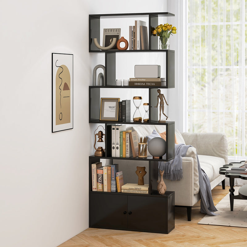 6-Tier S-Shaped Freestanding Bookshelf with Cabinet and Doors-Black